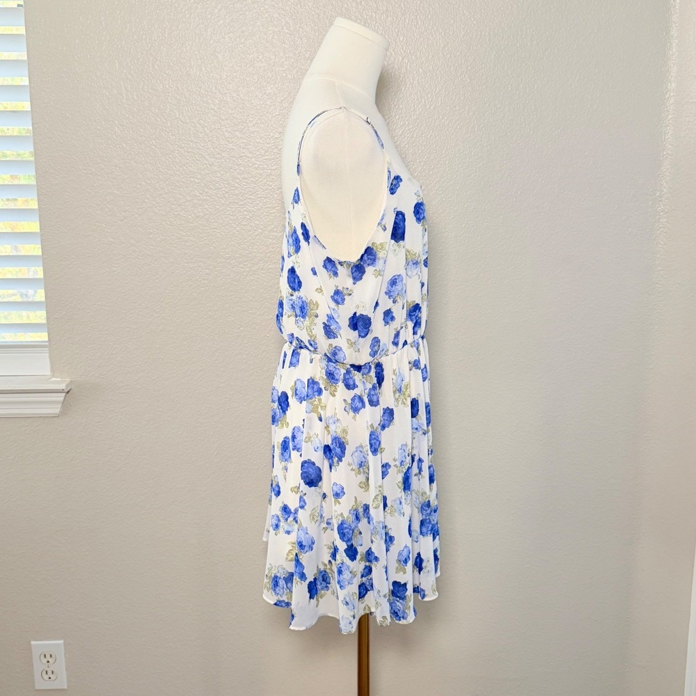 Forever 21 Mini Dress Chiffon White Blue Floral Romantic Coquette Soft Boho L - Picture 6 of 16